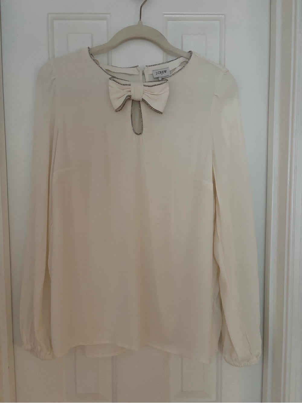 J. Crew Cream Bow-Neck Long-Sleeve Blouse with Rhinestone trim